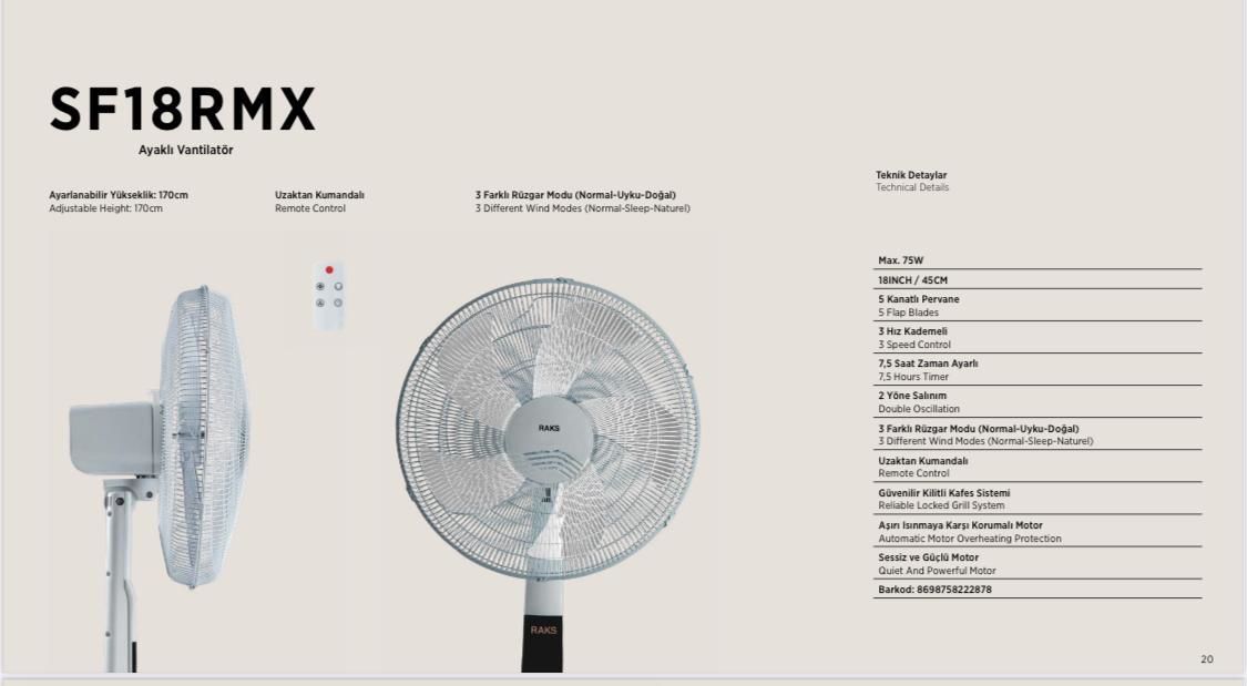 Raks SF 18 RMX Uzaktan Kumandalı Vantilatör 75W