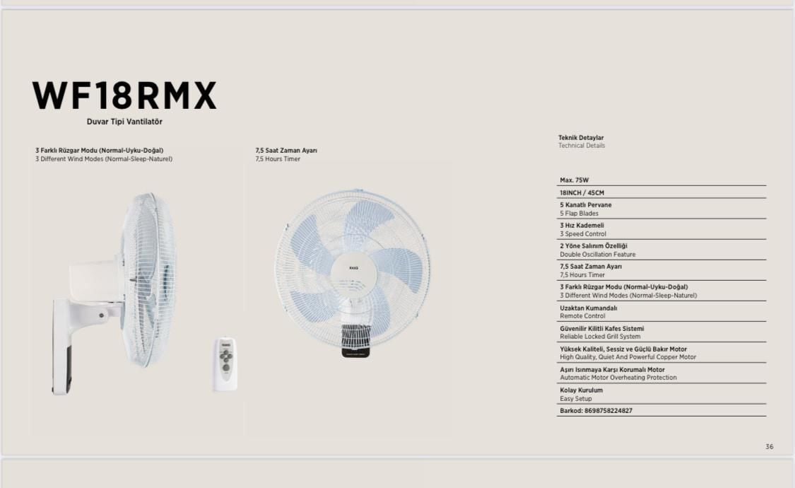 Raks WF 18 RMX Duvar Vantilatörü Kumandalı 75W
