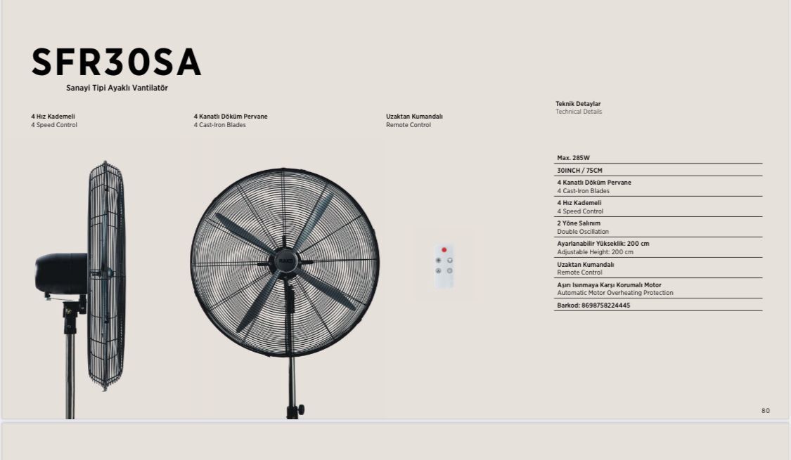 Raks SFR 30 Sanayi Tipi Vantilatör 260W Kumandalı
