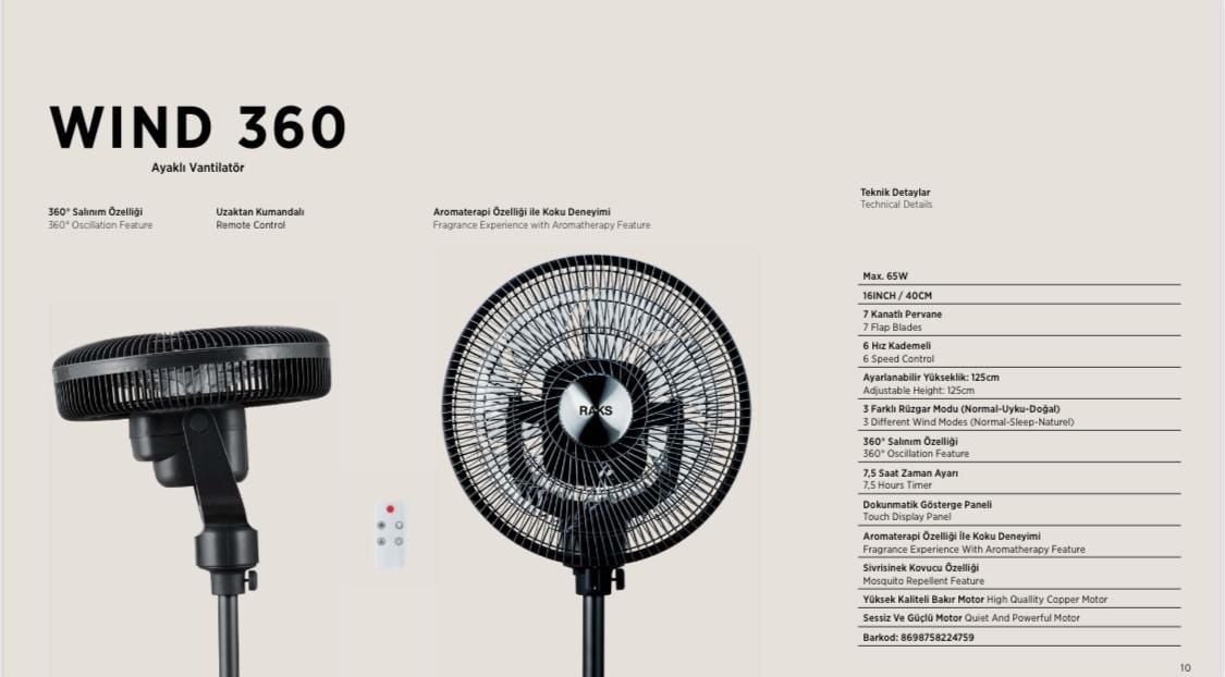 Raks SF WIND360 Uzaktan Kumandalı Vantillatör 65 Watt