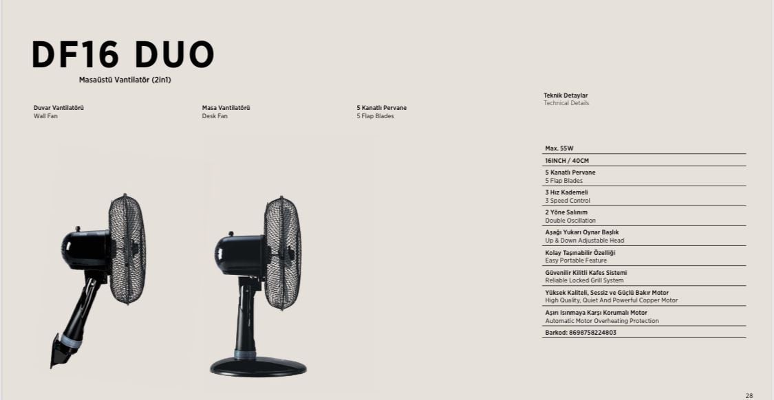 Raks DF 16 DUO Masaüstü Vantilatör 55 Watt