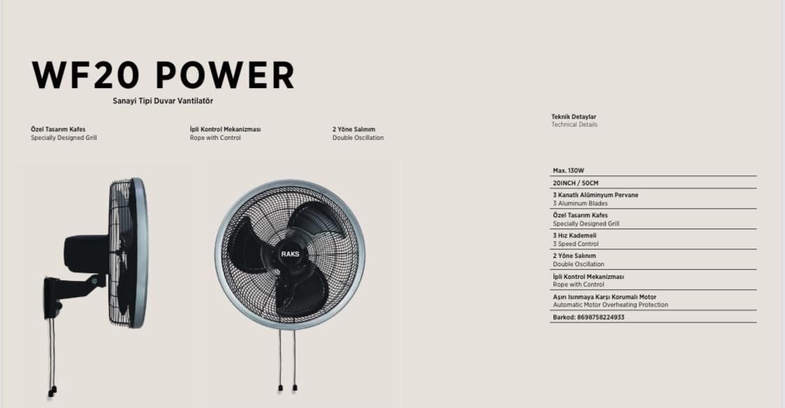 Raks WF 20 POWER Sanayi Tipi Duvar Vantilatörü 130W