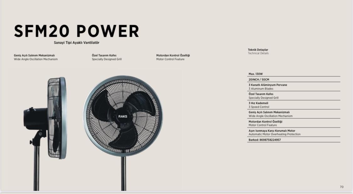 Raks SFM 20 POWER Sanayi Tipi Vantilatör 130W