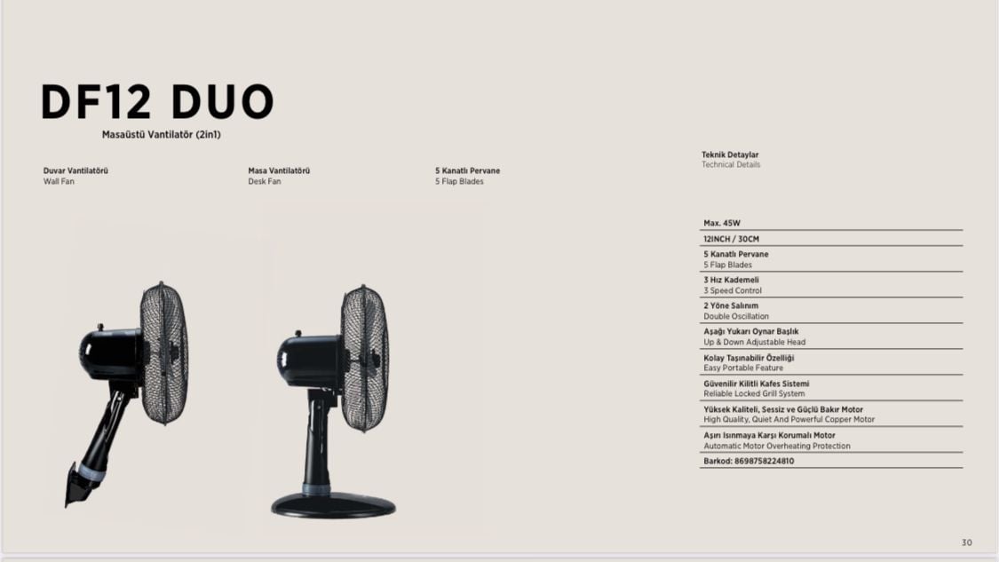 Raks DF 12 DUO Masaüstü Vantilatör 45 Watt