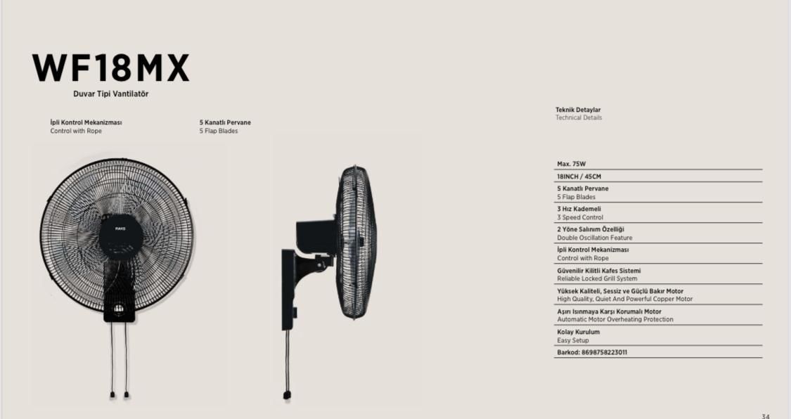 Raks WF 18 MX Duvar Vantilatörü 75W
