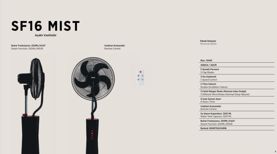 Raks SF 16 MIST Buharlı Vantilatör 100 Watt