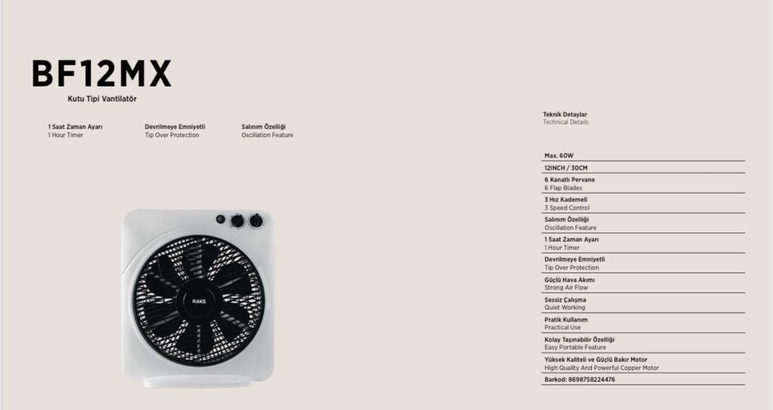 Raks BF 12 MX Kutu Tipi Vantilatör 60W