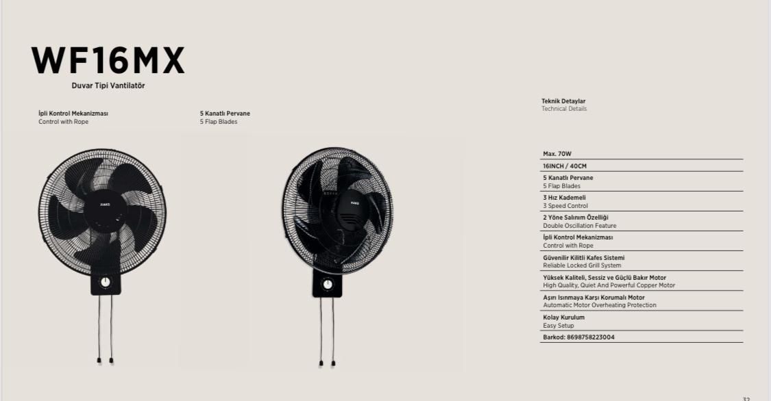 Raks WF 16 MX Duvar Tipi Vantilatör 55W