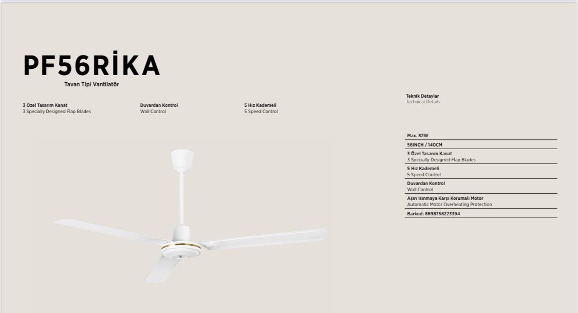 Raks PF 56 Rika Tavan Tipi Vantilatör 82W